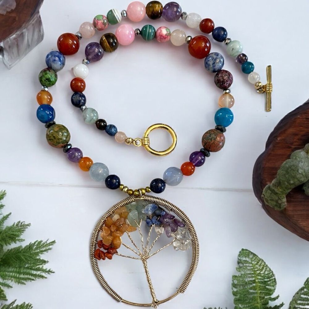 One of a Kind Genuine Gemstone Beads Tree of Life Chakra Pendant and Necklace